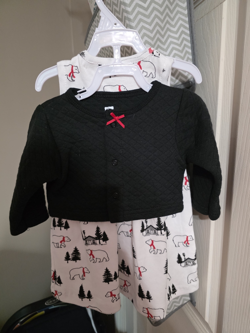 3-6m Hudson Baby Black Quilted Cardigan over White Polar Bear Dress Outfit - NWT